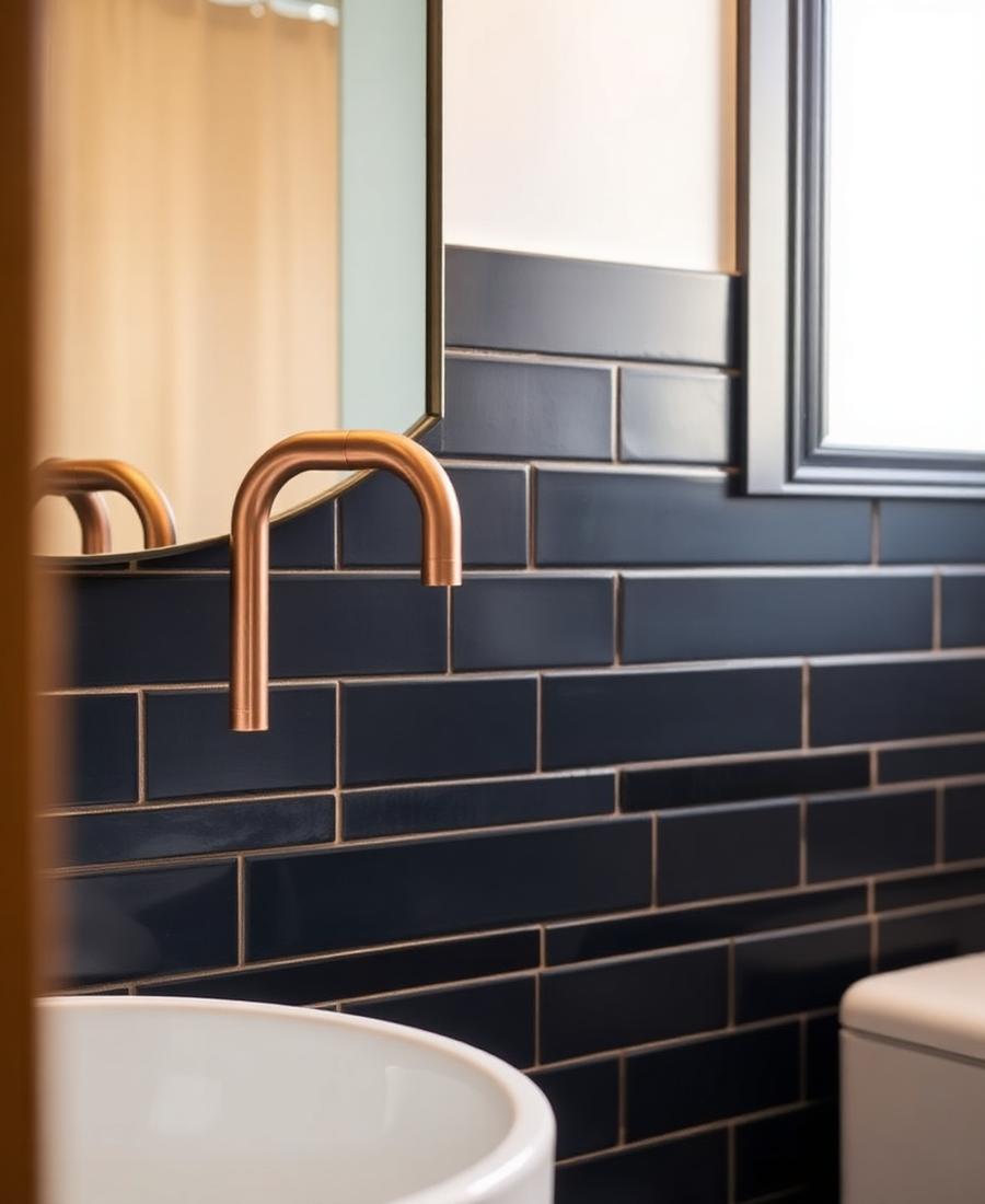 Detalle azulejo navy y grifería cobre